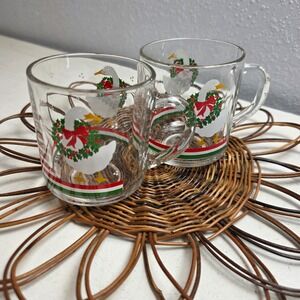 Vintage Libbey Christmas Goose Coffee Tea Mug Pair Clear Glass Holiday Wreath